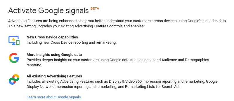 Activate Google Signals 2018