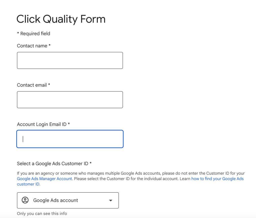 Google Click Quality Form