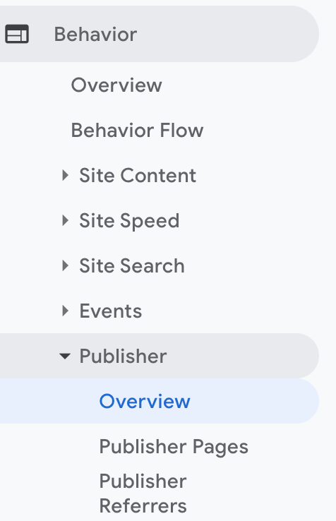 Google Adsense menu in Google Analytics publisher