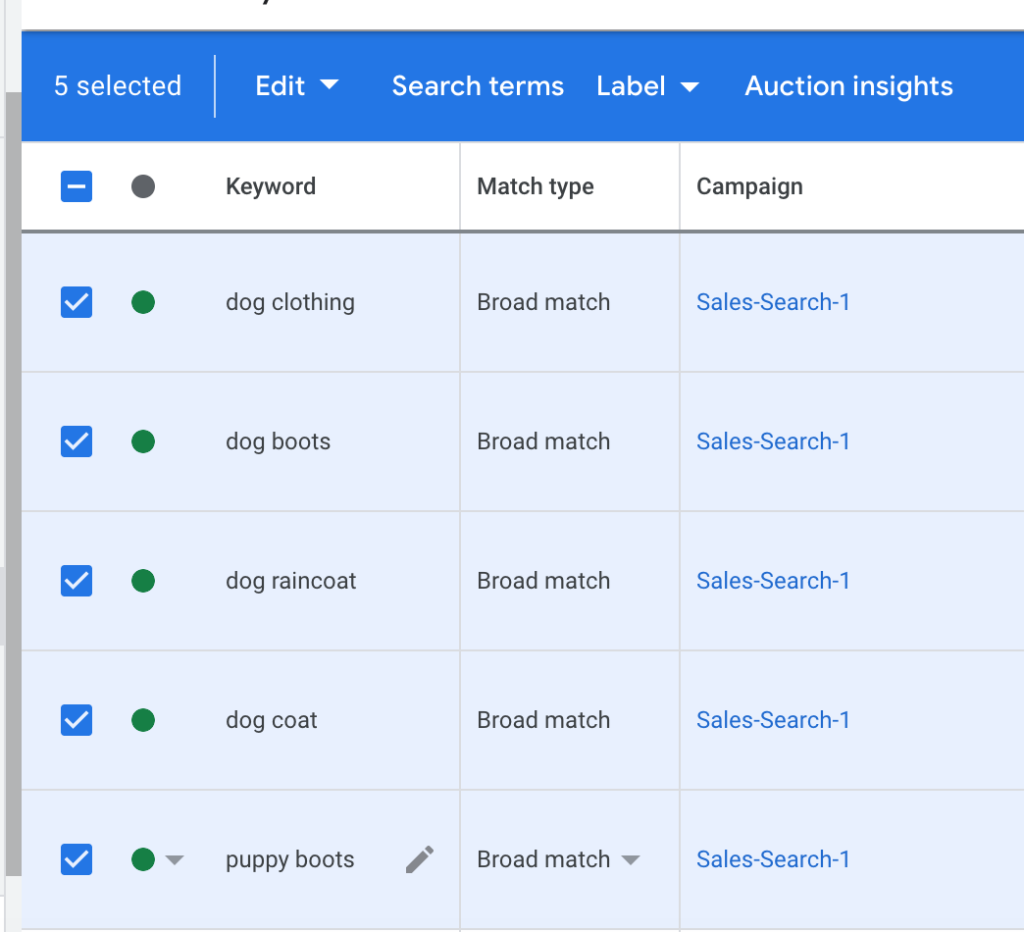 Select the keywords you want to see the search terms report for on Google Ads.