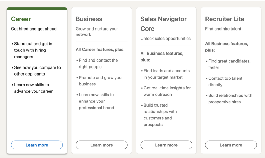 Linkedin Premium Plans career, business, sales navigator core, and recruiter light.